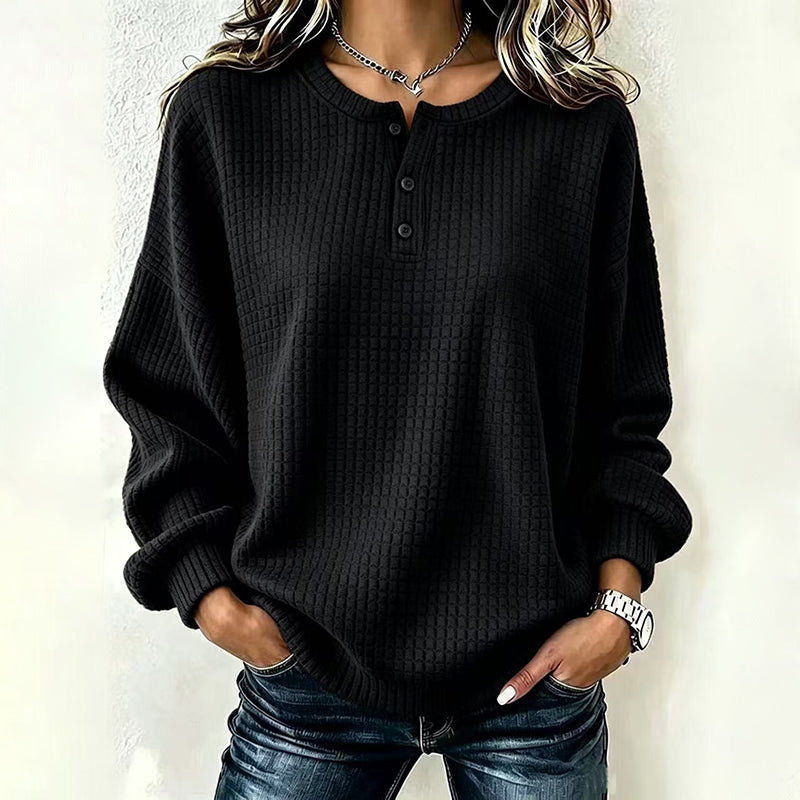 Women's Casual Waffle Knit Sweatshirt Loose Long‑Sleeve Button Neck Pullover