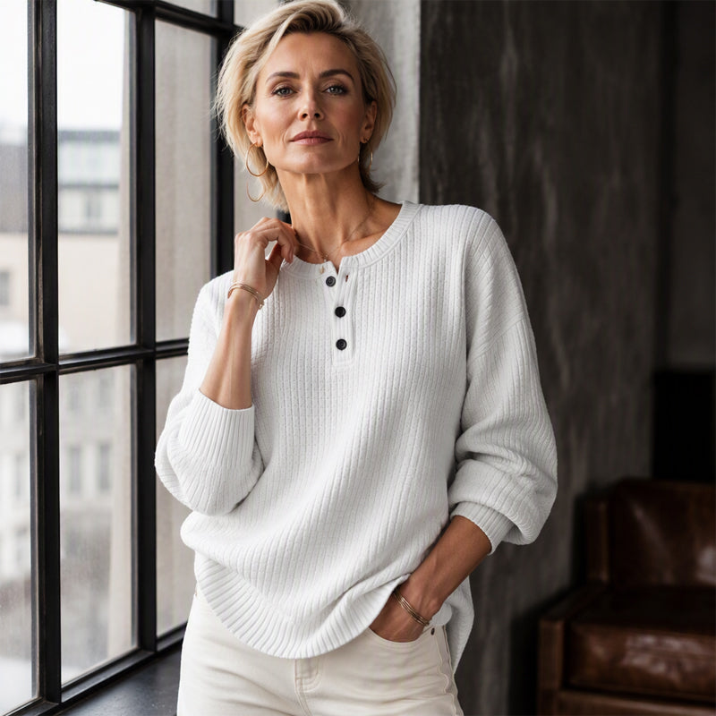 Women's Casual Waffle Knit Sweatshirt Loose Long‑Sleeve Button Neck Pullover