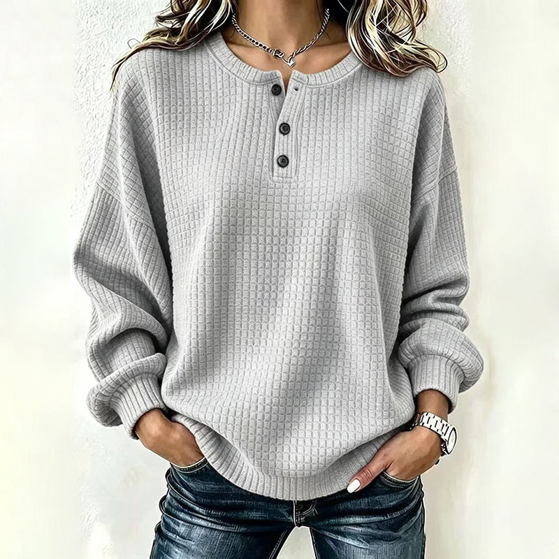 Women's Casual Waffle Knit Sweatshirt Loose Long‑Sleeve Button Neck Pullover