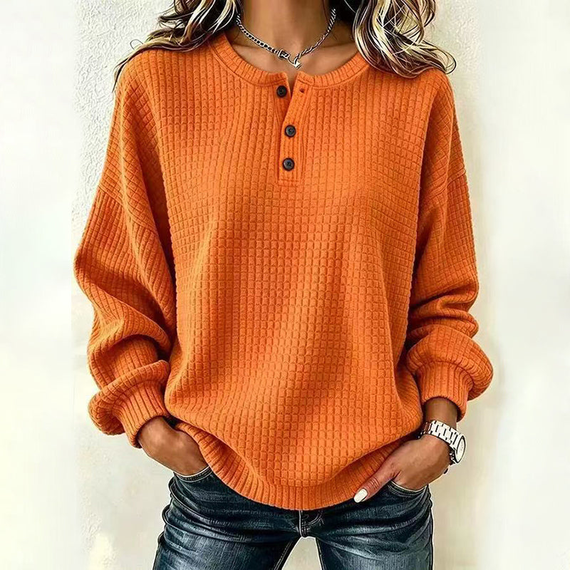 Women's Casual Waffle Knit Sweatshirt Loose Long‑Sleeve Button Neck Pullover
