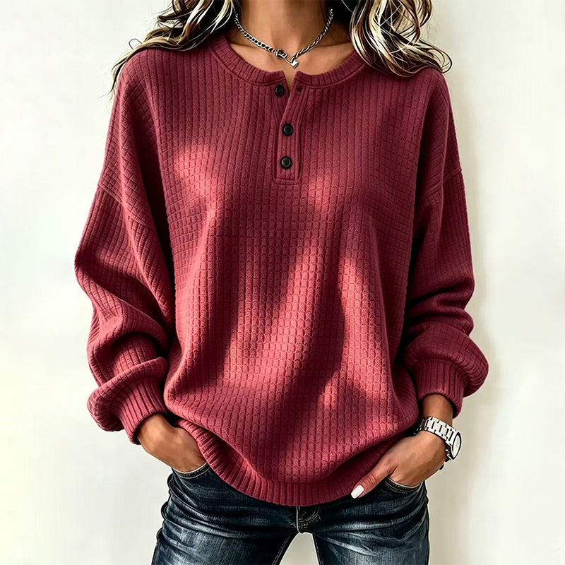 Women's Casual Waffle Knit Sweatshirt Loose Long‑Sleeve Button Neck Pullover