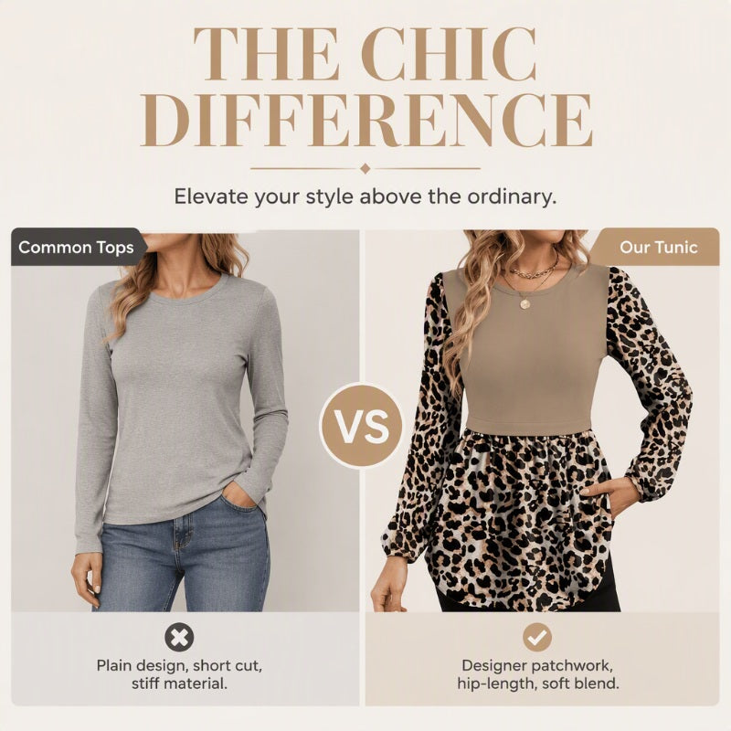 Leopard Detail, Flattering Length | Women's Relaxed Long-Sleeve Tunic Top